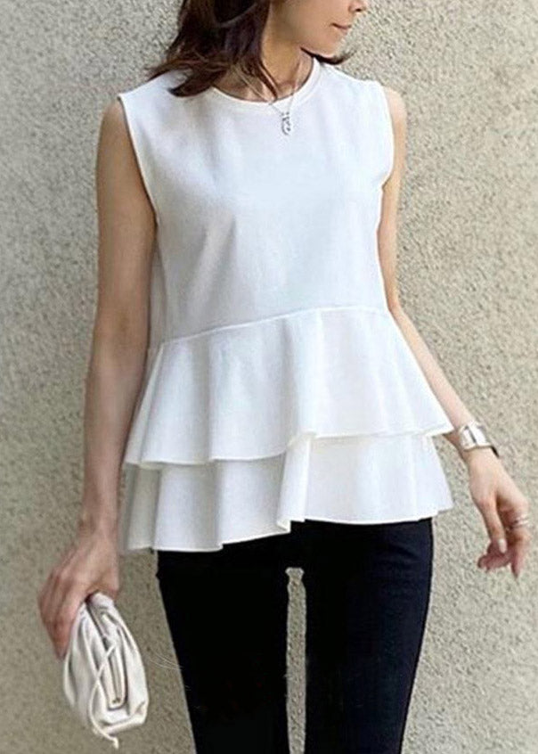 Modern Black O-neck Ruffled Chiffon T Shirts Summer