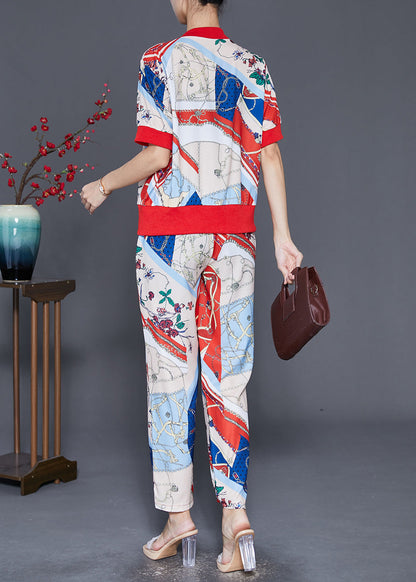 Zip Up Print Spandex Two Pieces Set Fall