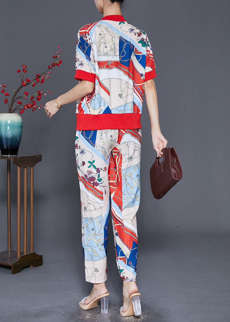 Zip Up Print Spandex Two Pieces Set Fall