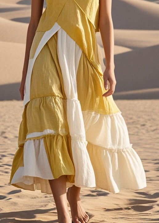Yellow Asymmetrical Patchwork Cotton Spaghetti Strap Dress Summer
