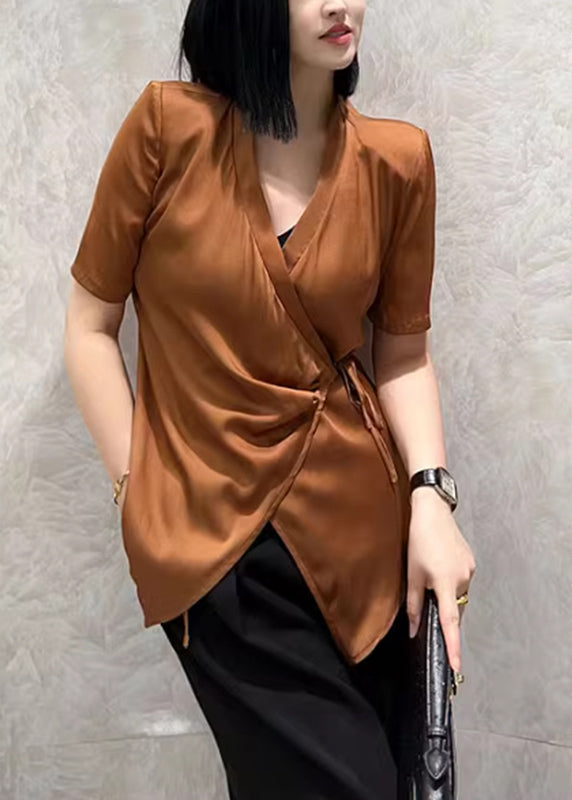 Caramel V Neck Tie Waist Shirt Short Sleeve