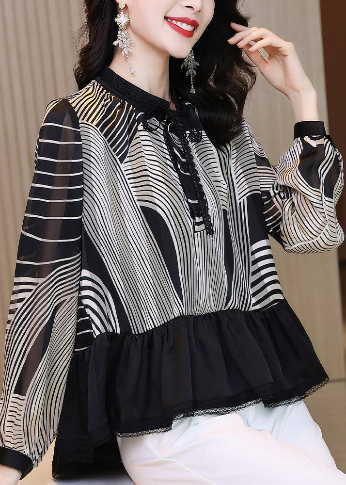 Ruffles Striped Patchwork Chiffon Shirt Tops Long Sleeve