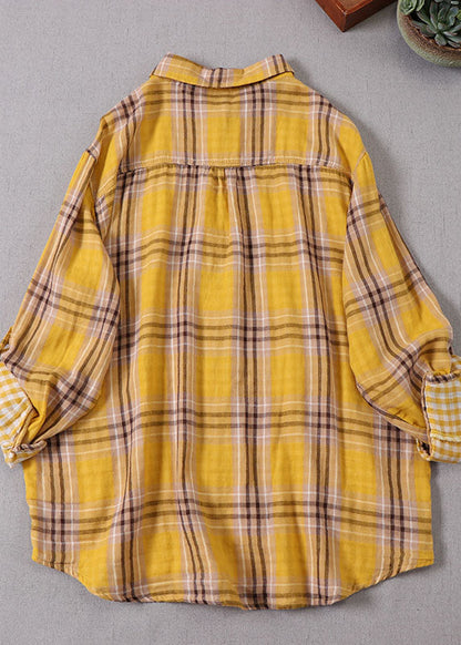 Yellow Peter Pan Collar Plaid Cotton Shirt Top Spring