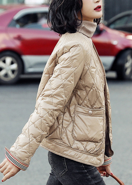 Khaki V Neck Pockets Duck Down Puffers Jackets Winter