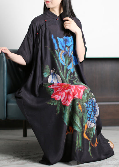 Black Stand Collar Asymmetrical Blue Print Silk Loose Dress Batwing Sleeve