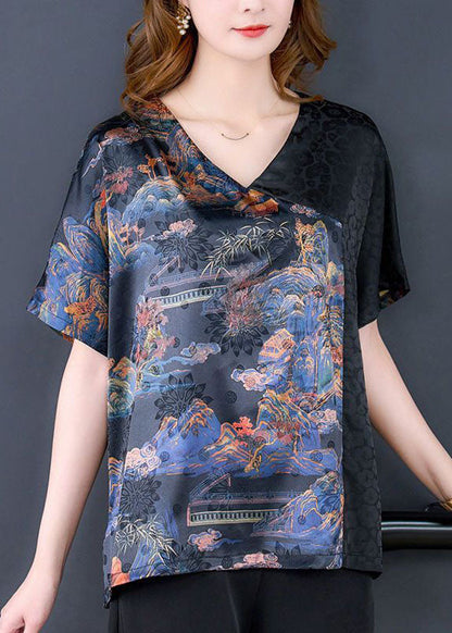 Diy Black Asymmetrical Patchwork Print Silk Shirts Short Sleeve