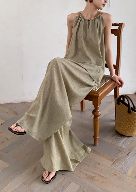 French Green Tops and Pants Linen Two Pieces Set Sleeveless