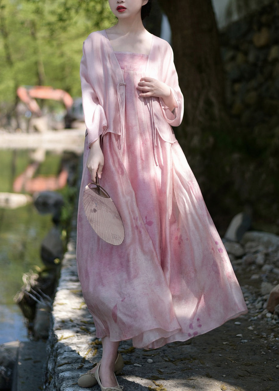Pink Button Print Silk Linen Two Pieces Set Long Sleeve