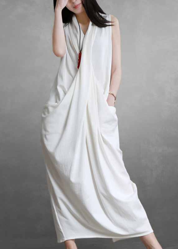 White V Neck Pockets Cotton Maxi Dresses Sleeveless