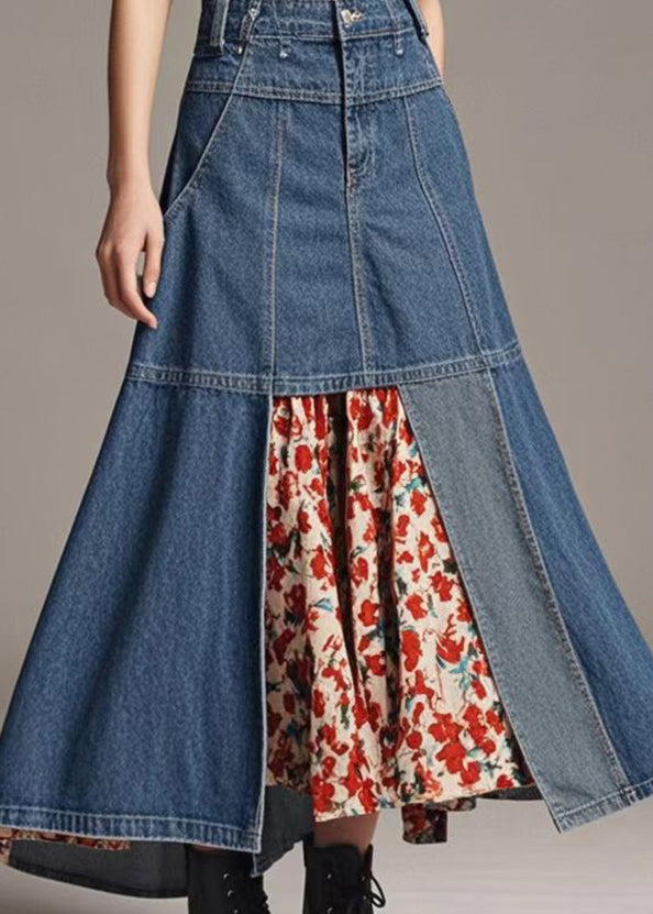 Navy High Waist Patchwork Denim a Line Skirts Spring