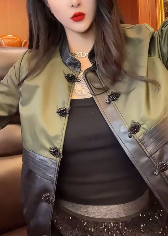 Green O-neck Patchwork Button Leather Jacket Fall