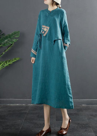 Blue Embroidery Quilting Clothes Patchwork Loose Dresses