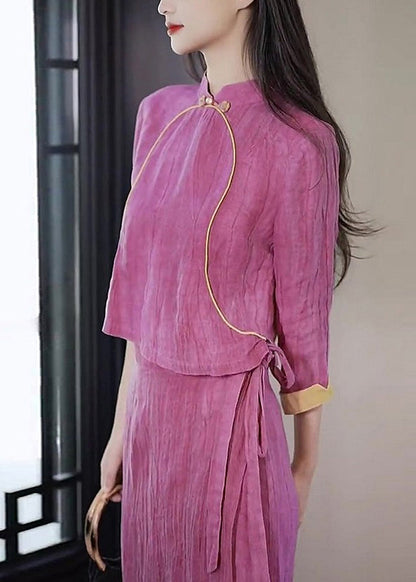 New Retro Purple Stand Collar Lace Up Patchwork Cotton Two Piece Suit Set Fall