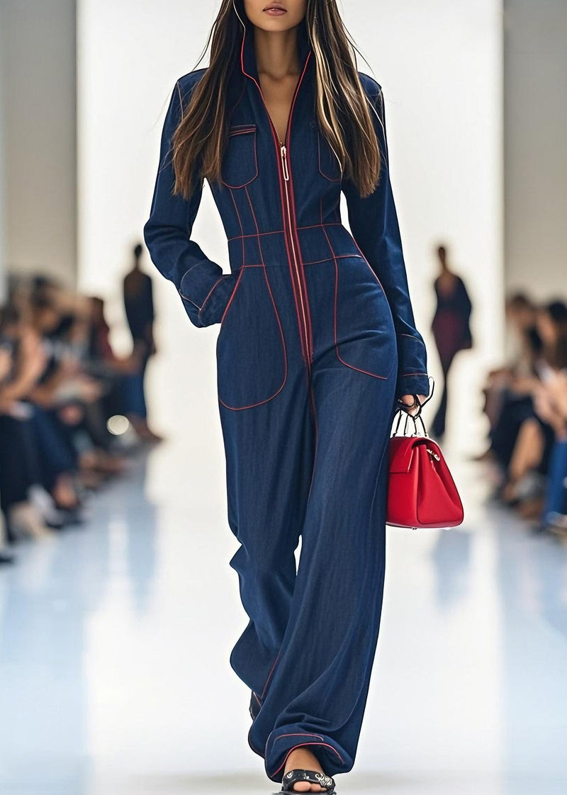 Navy Zip Up Pockets Patchwork Denim Jumpsuit Spring
