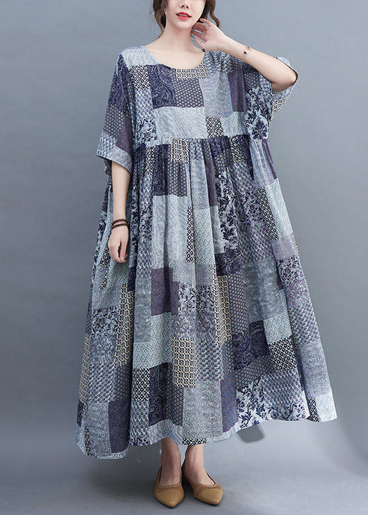 Blue Plaid O-neck Wrinkled Exra Large Hem Dress Half Sleeve