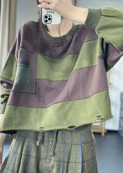 Coffee O-neck Striped Hole Fall Pullover Sweatshirt