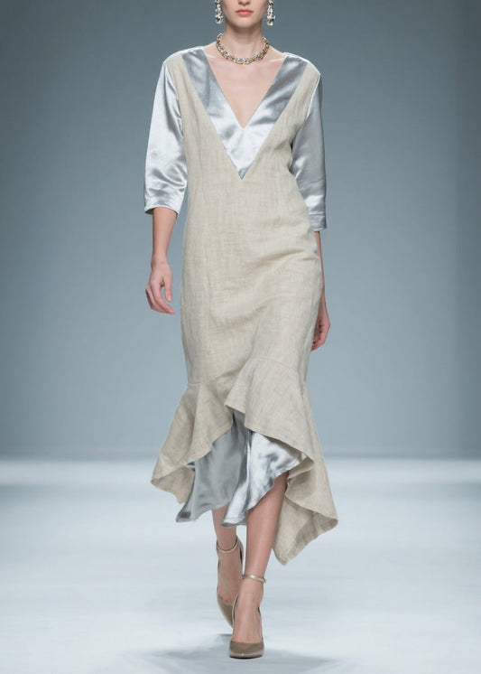 Colorblock V Neck Patchwork Linen Silk Long Dresses Summer