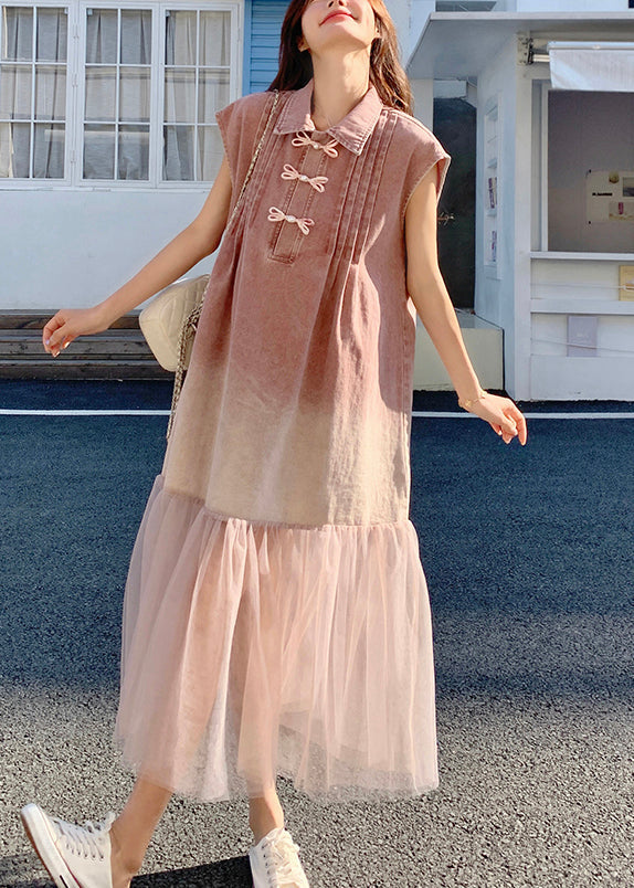 Summer Retro Pink Gradient Tulle Splicing Denim Shirt Skirt Dress