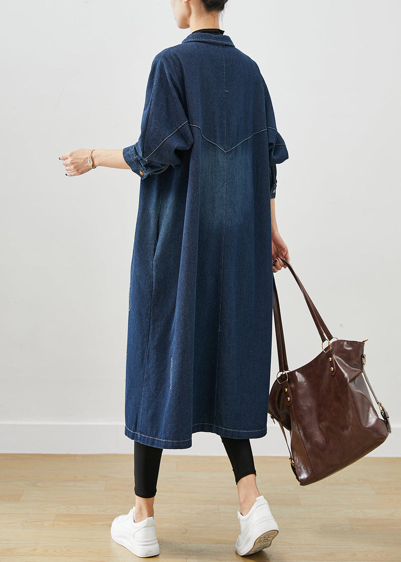 Navy Denim Trench Coats Oversized Pockets Spring