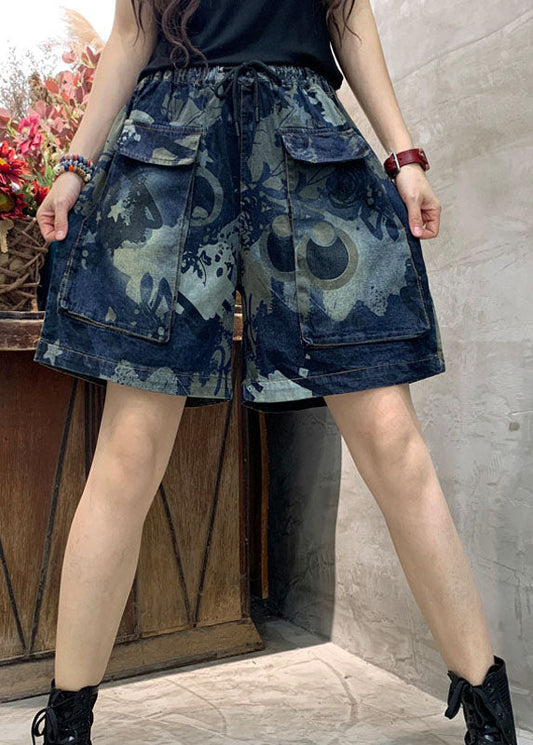 Organic Blue Retro Print Pockets Denim Summer Shorts
