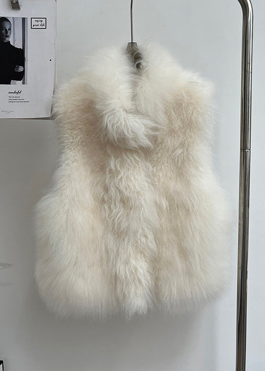 Handmade Beige Stand Collar Leather and Fur Coat Sleeveless