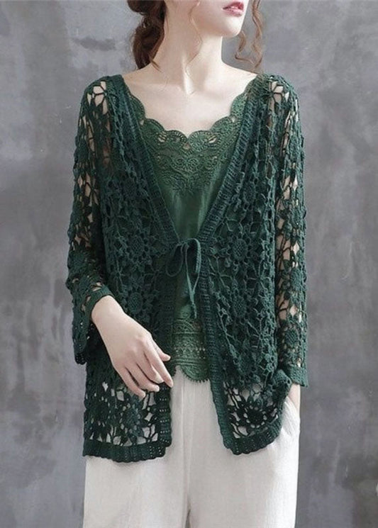 Blackish Green Hollow Out Patchwork Knitting Cotton Cardigan Fall