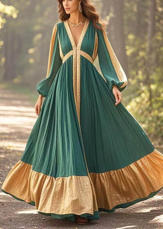 Blackish Green V Neck Patchwork Exra Large Hem Cotton Vestidos Dress Spring