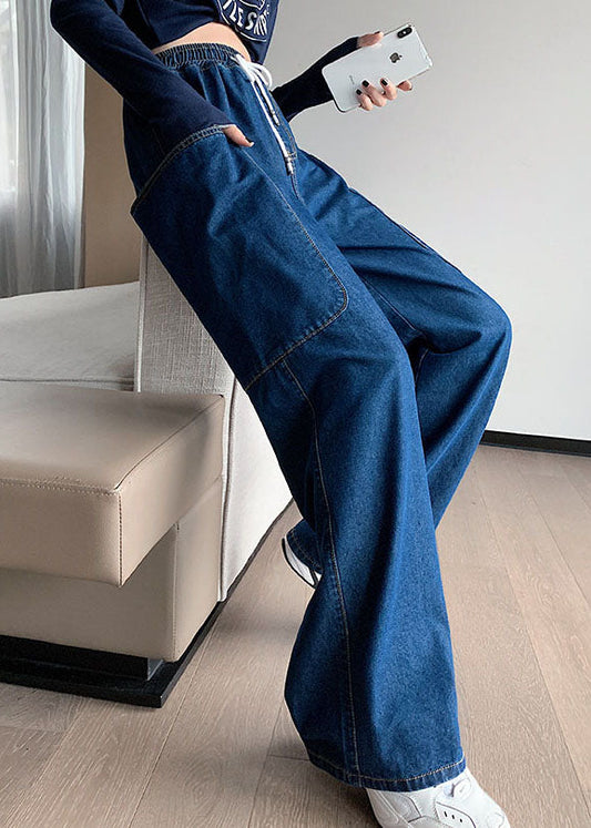 French Navy Elastic Waist Big Pockets Cotton Wide Leg Pants Summer
