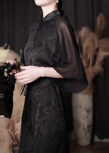 Black Stand Collar Jacquard Patchwork Silk Dresses Fall