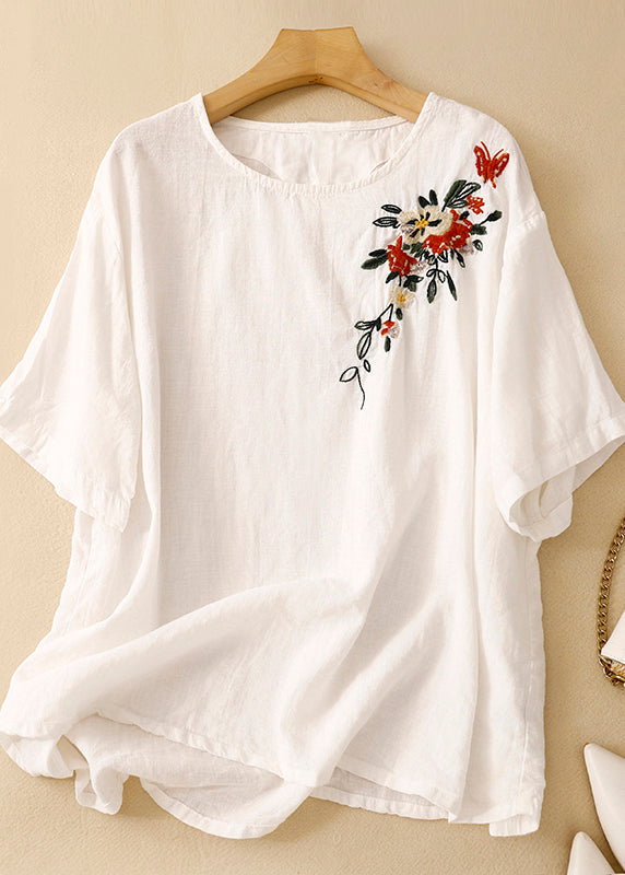 Khaki O Neck Embroidered Linen T Shirts Summer