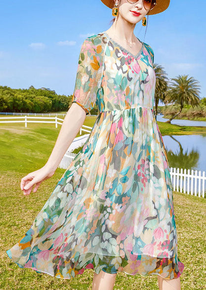 V Neck Multi Print Wrinkled Layered Chiffon Mid Dress Short Sleeve