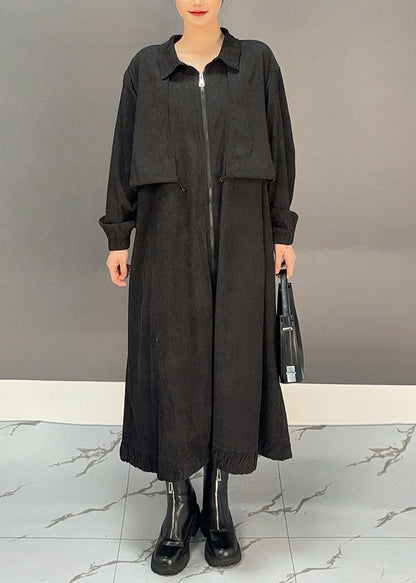 Black Peter Pan Collar Pockets Corduroy Maxi Trench Coats Winter