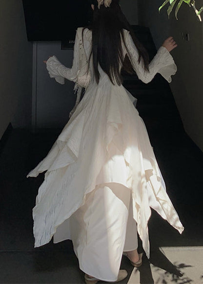 Beige Asymmetrical Ruffled Tulle Patchwork Cotton Dresses Flare Sleeve