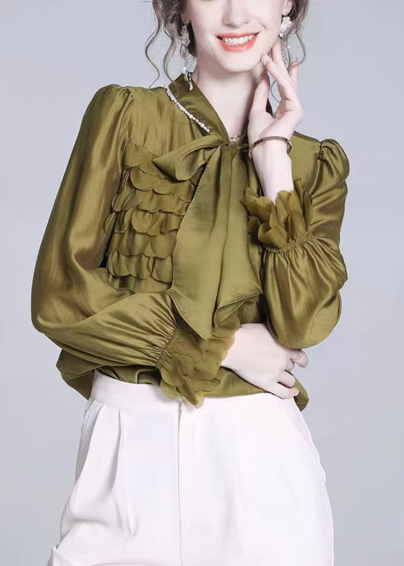 Mustard Green Bow Silk Shirt Petal Sleeve