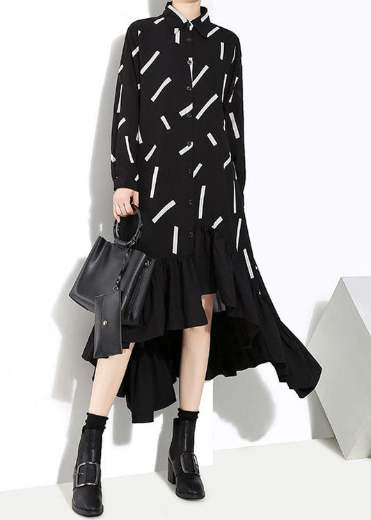 Organic Black Low High Design Peter Pan Collar Ruffles Print Shirt Dresses Spring