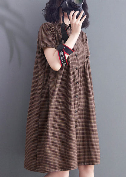 Brown Wrinkled Ruffled Plaid Cotton Dress Short Sleeve