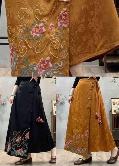 Chinese Style Yellow Embroidered Pockets Silk Skirt Fall
