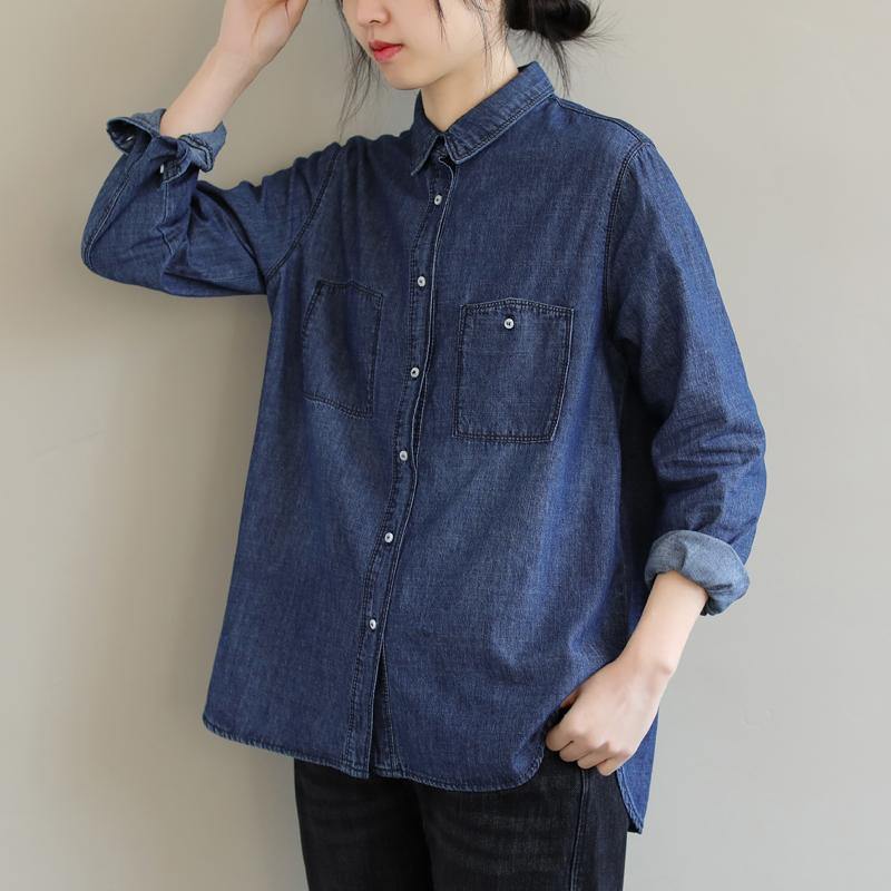 Diy Lapel Pockets Spring Clothes for Pattern Denim Blue Shirt
