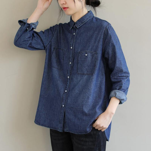 Diy Lapel Pockets Spring Clothes for Pattern Denim Blue Shirt