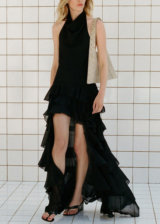 Black Ruffled Low High Design Chiffon Dresses Sleeveless