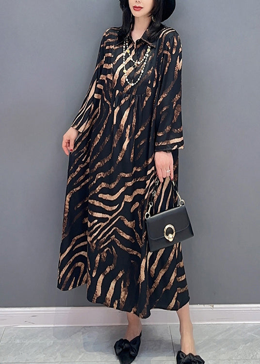 Black Peter Pan Collar Print Button Long Shirts Dress Spring