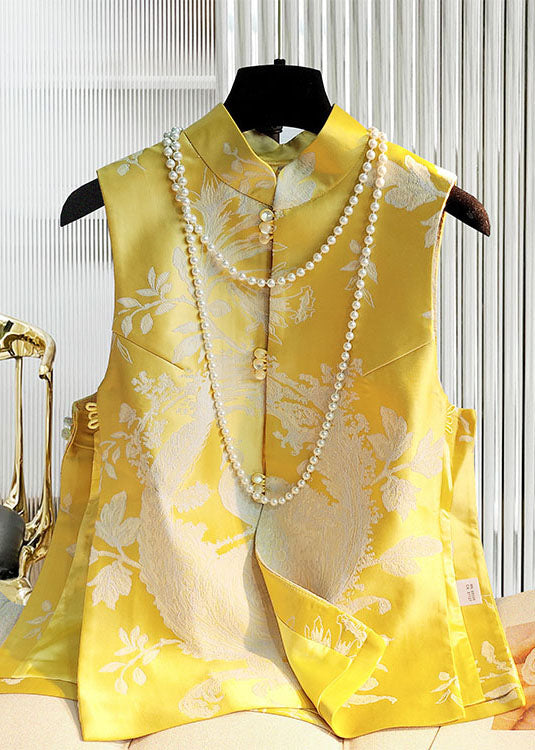 Diy Yellow Stand Collar Button Side Open Jacquard Satin Vest Spring
