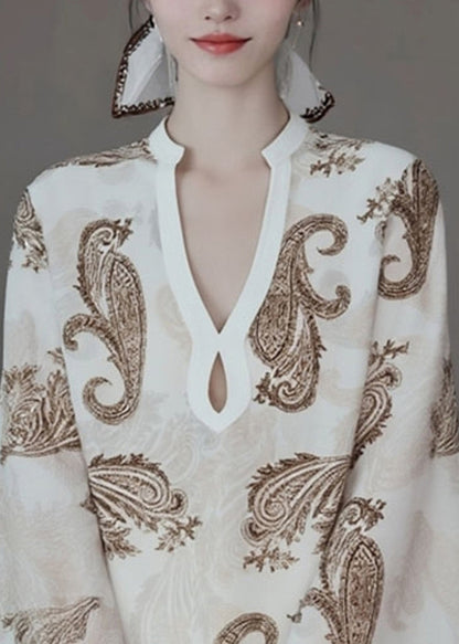 Original Design Beige V Neck Print Shirt Fall