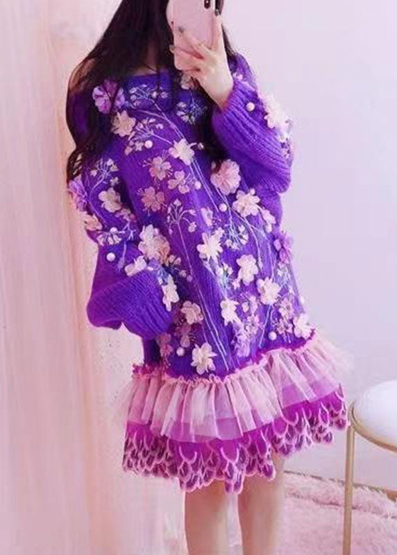 Handmade Purple O-neck Embroideried Tulle Patchwork Knit Mid Dresses Fall