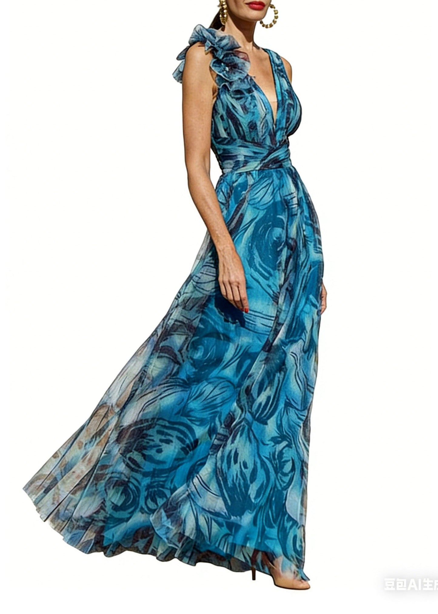 Peacock Blue O Neck Print Chiffon Holiday Dress Summer