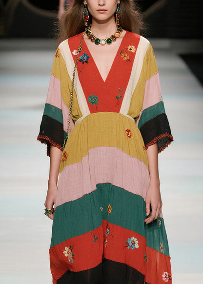 Natural V Neck Patchwork Cotton Long Dress Summer