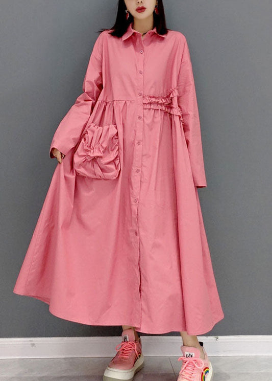Modern Pink Peter Pan Collar Wrinkled Shirt Dress Long Sleeve