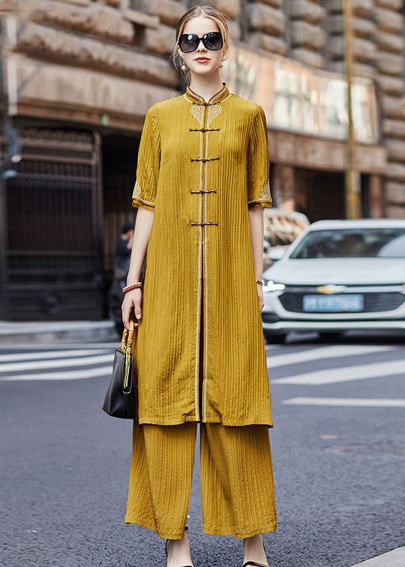 French Yellow Embroideried Chinese Button Silk Two-piece Set Fall