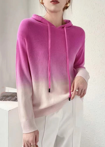New Coffee Gradient Color Hooded Patchwork Wool Knit Sweaters Fall