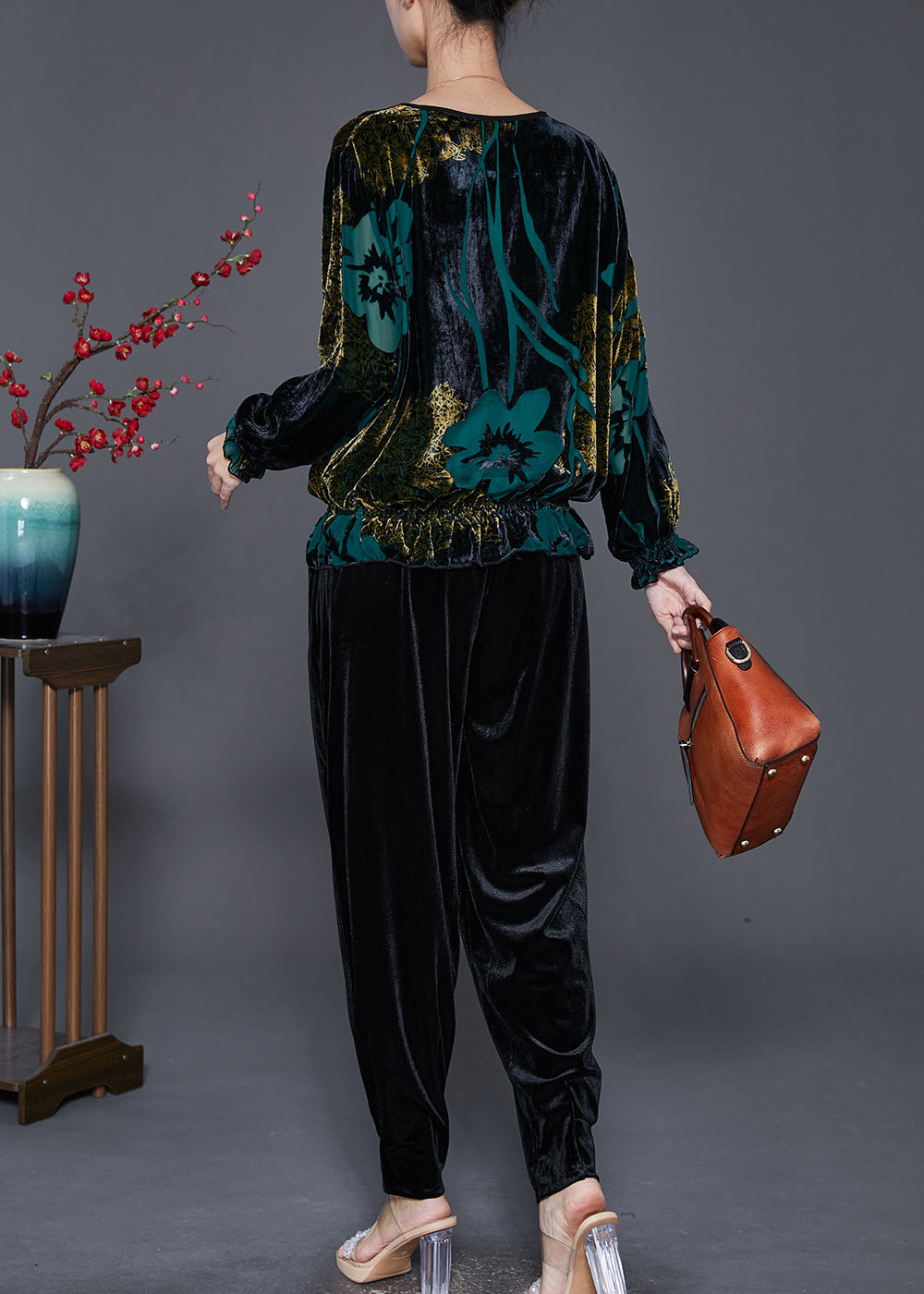 Green Print Oversized Silk Velour Two Pieces Set Fall